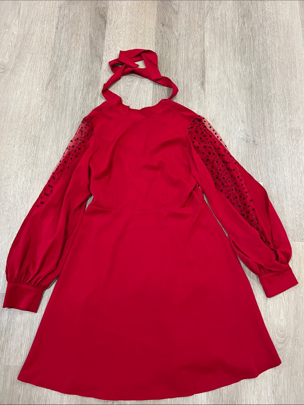 Women Red Halter Dress with Polka Dot Sheer Sleeves Size M